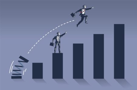 Businessman Jumps High Overlapping His Colleague on Bar Chart Illustration Concept